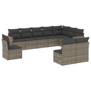 10 pcs conjunto sofás de jardim c/ almofadões vime PE cinzento H