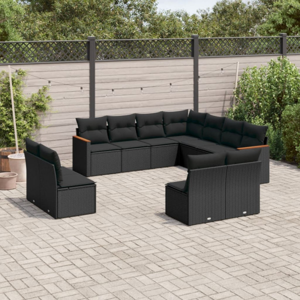 11 pcs conjunto sofás de jardim c/ almofadões vime PE preto D