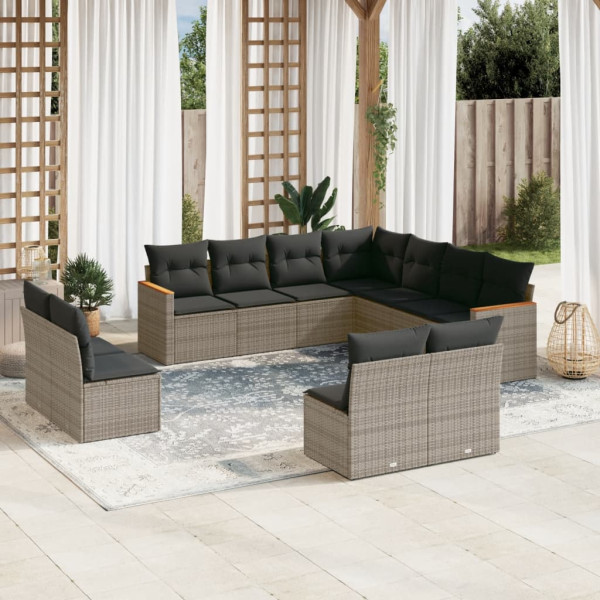 11 pcs conjunto sofás de jardim c/ almofadões vime PE cinzento D