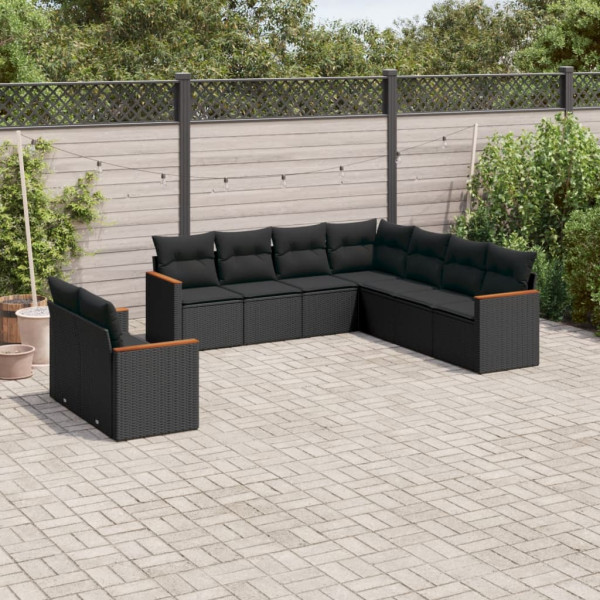 9 pcs conjunto de sofás p/ jardim c/ almofadões vime PE preto D