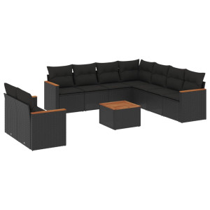 10 pcs conjunto sofás de jardim c/ almofadões vime PE preto H