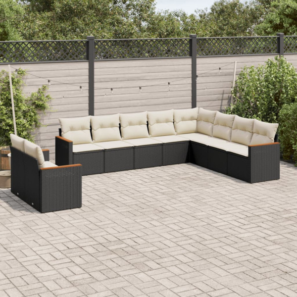 10 pcs conjunto sofás de jardim c/ almofadões vime PE preto D