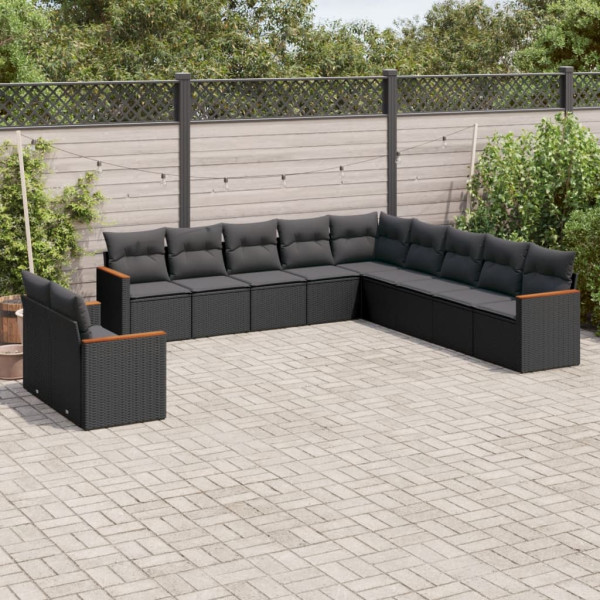 Set de sofás de jardín 11 pzas y cojines ratán sintético negro D