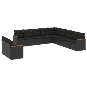 11 pcs conjunto sofás de jardim c/ almofadões vime PE preto H
