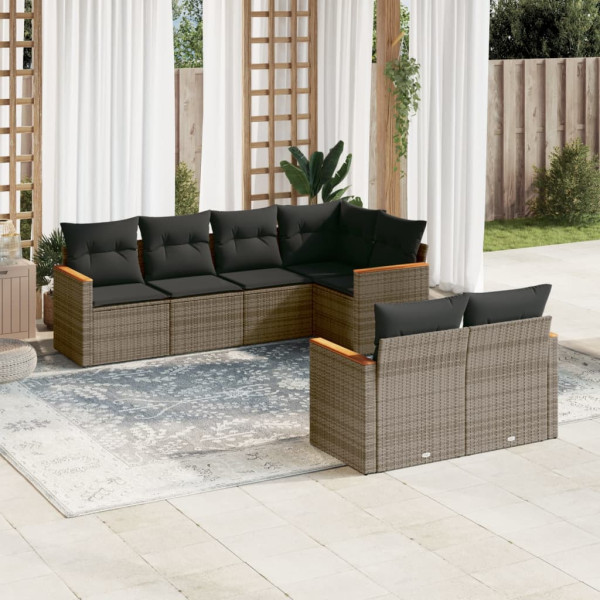 Set de sofás de jardín 7 piezas con cojines ratán PE gris D