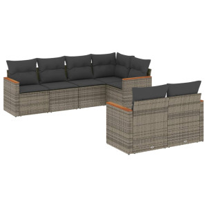 7 pcs conjunto sofás p/ jardim c/ almofadões vime PE cinzento H