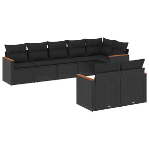 8 pcs conjunto sofás de jardim com almofadões vime PE preto H