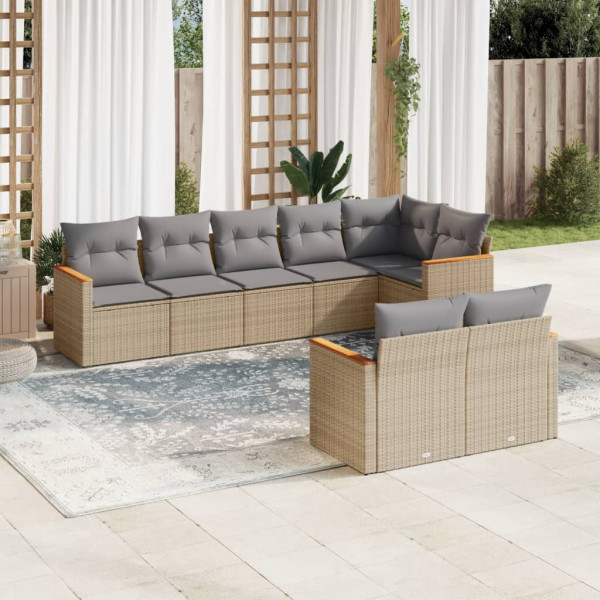 8 pcs conj. sofás jardim c/ almofadões vime PE bege misturado D