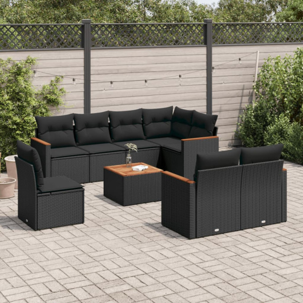 Set de sofás de jardín 8 piezas y cojines ratán sintético negro D