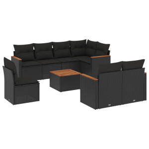 9 pcs conjunto de sofás p/ jardim c/ almofadões vime PE preto H
