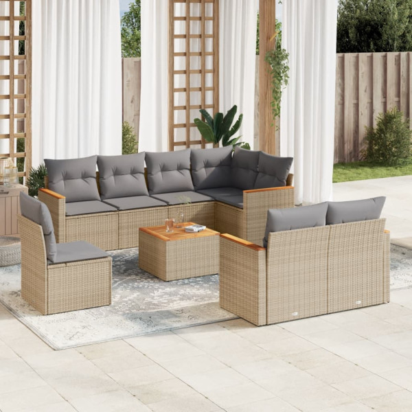 9 pcs conj. sofás jardim c/ almofadões vime PE bege misturado D