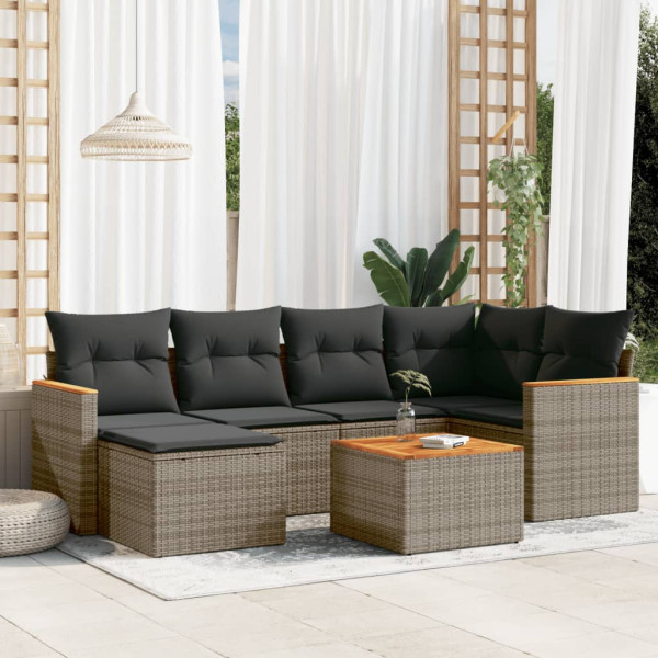 7 pcs conjunto sofás p/ jardim c/ almofadões vime PE cinzento D
