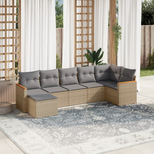 7 pcs conj. sofás jardim c/ almofadões vime PE bege misturado D