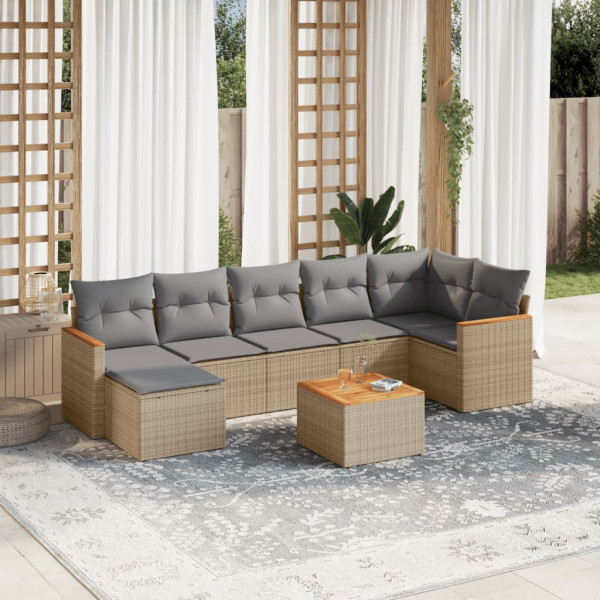 8 pcs conj. sofás jardim c/ almofadões vime PE bege misturado D