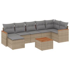 8 pcs conj. sofás jardim c/ almofadões vime PE bege misturado H