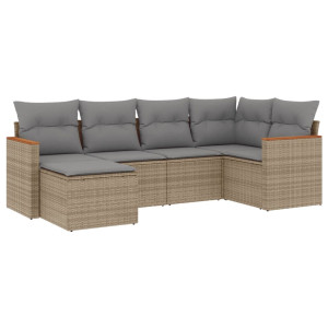 6 pcs conj. sofás jardim c/ almofadões vime PE bege misturado H