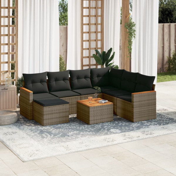 8 pcs conjunto sofás de jardim c/ almofadões vime PE cinzento D