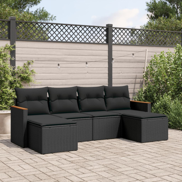 6 pcs conjunto sofás de jardim c/ almofadões vime PE preto D