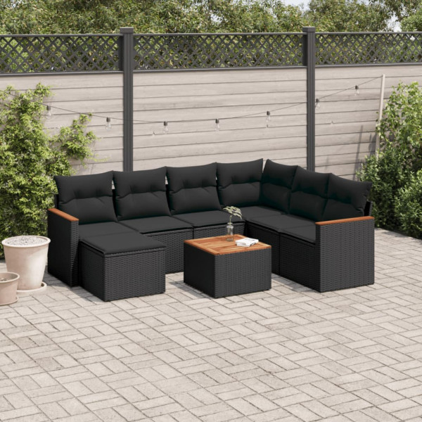 8 pcs conjunto sofás de jardim com almofadões vime PE preto D
