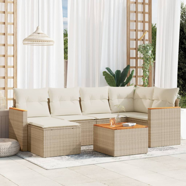 Set sofás de jardín 7 piezas y cojines ratán sintético beige D