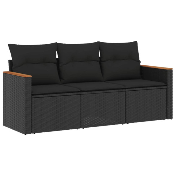 3 pcs conjunto sofás de jardim com almofadões vime PE preto M 2