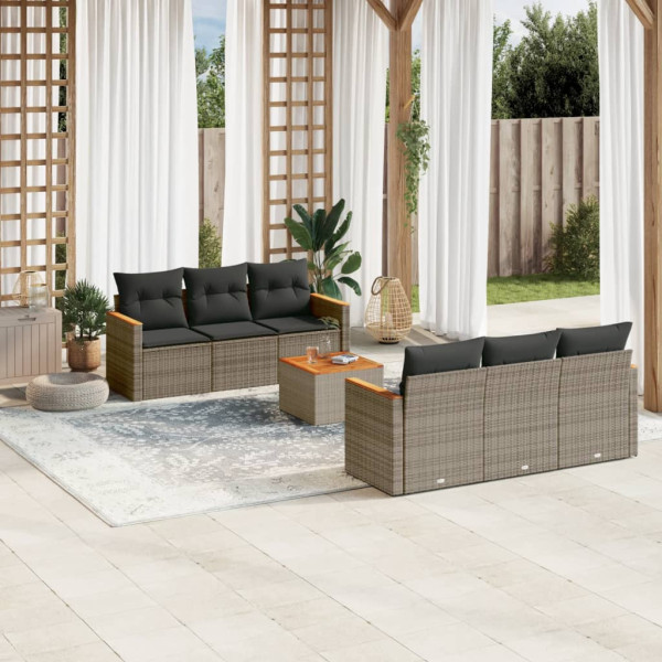 7 pcs conjunto sofás p/ jardim c/ almofadões vime PE cinzento D