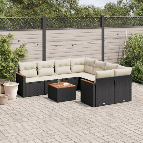 9 pcs conjunto de sofás p/ jardim c/ almofadões vime PE preto D