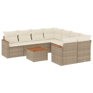 9 pcs conjunto de sofás p/ jardim com almofadões vime PE bege H