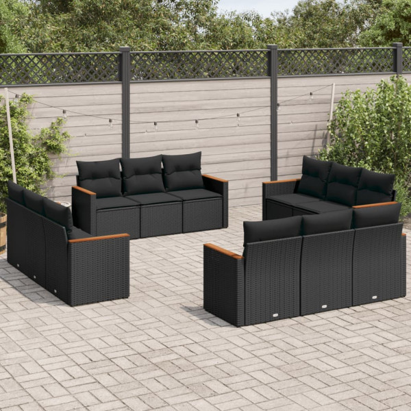 Set de sofás de jardín 12 piezas cojines ratán sintético negro D