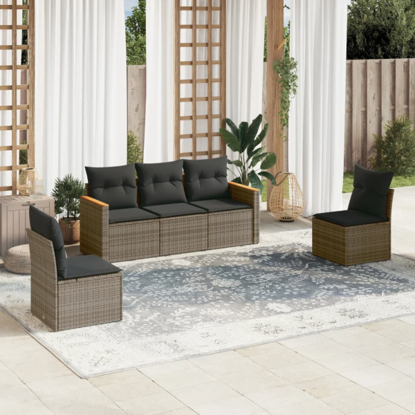 5 pcs conjunto sofás de jardim c/ almofadões vime PE cinzento D