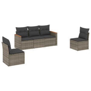 5 pcs conjunto sofás de jardim c/ almofadões vime PE cinzento H