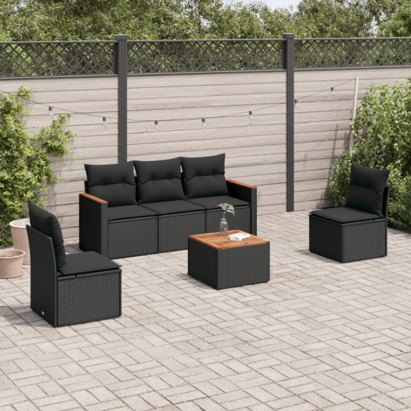 6 pcs conjunto sofás de jardim c/ almofadões vime PE preto D