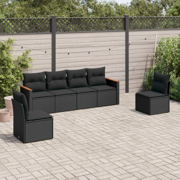 6 pcs conjunto sofás de jardim c/ almofadões vime PE preto D