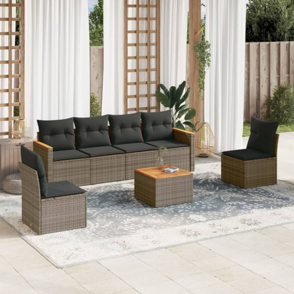 Set de sofás de jardín 7 piezas con cojines ratán PE gris D