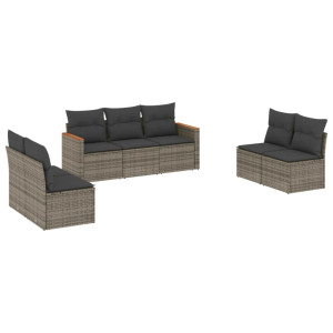 7 pcs conjunto sofás p/ jardim c/ almofadões vime PE cinzento H