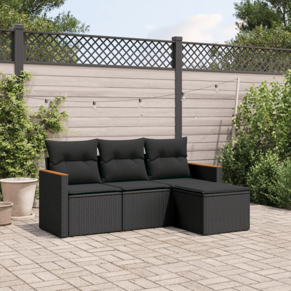 4 pcs conjunto de sofás para jardim c/ almofadões vime PE preto D