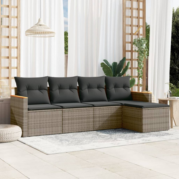 5 pcs conjunto sofás de jardim c/ almofadões vime PE cinzento D