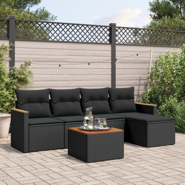 6 pcs conjunto sofás de jardim c/ almofadões vime PE preto D