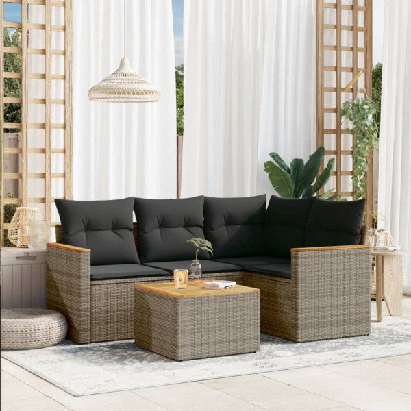5 pcs conjunto sofás de jardim c/ almofadões vime PE cinzento D