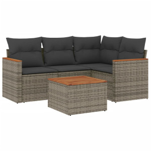 5 pcs conjunto sofás de jardim c/ almofadões vime PE cinzento H