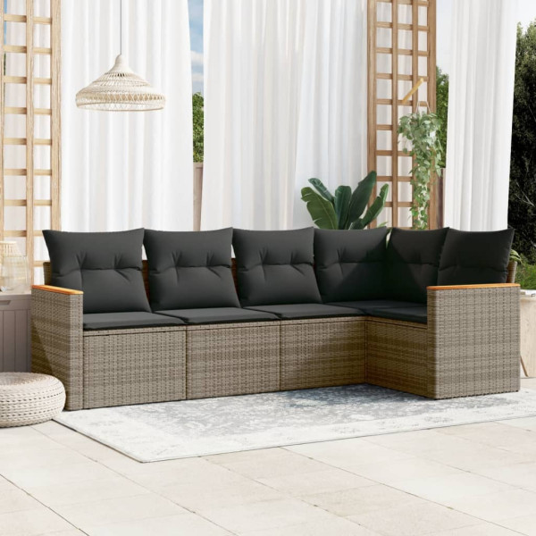 5 pcs conjunto sofás de jardim c/ almofadões vime PE cinzento D