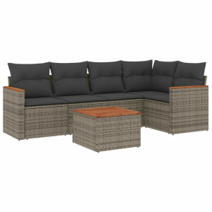 6 pcs conjunto sofás de jardim com almofadões vime cinzento H