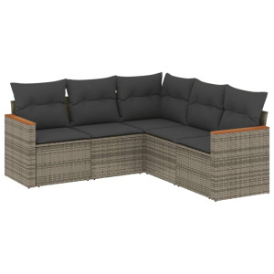 5 pcs conjunto sofás de jardim c/ almofadões vime PE cinzento H