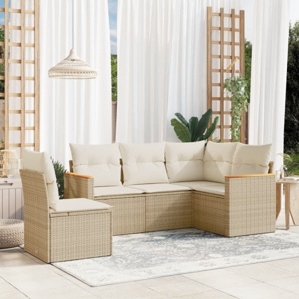 5 pcs conjunto de sofás p/ jardim com almofadões vime PE bege D
