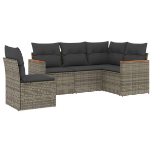 5 pcs conjunto sofás de jardim c/ almofadões vime PE cinzento H
