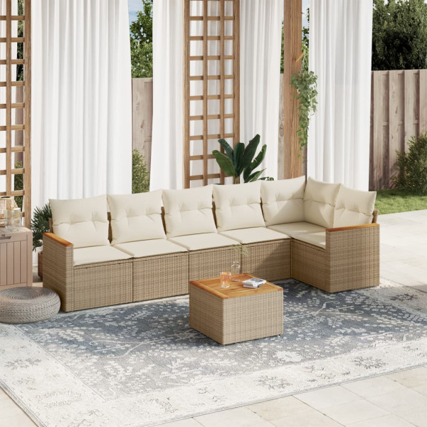 Set sofás de jardín 7 piezas y cojines ratán sintético beige D