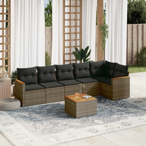 7 pcs conjunto sofás p/ jardim c/ almofadões vime PE cinzento D