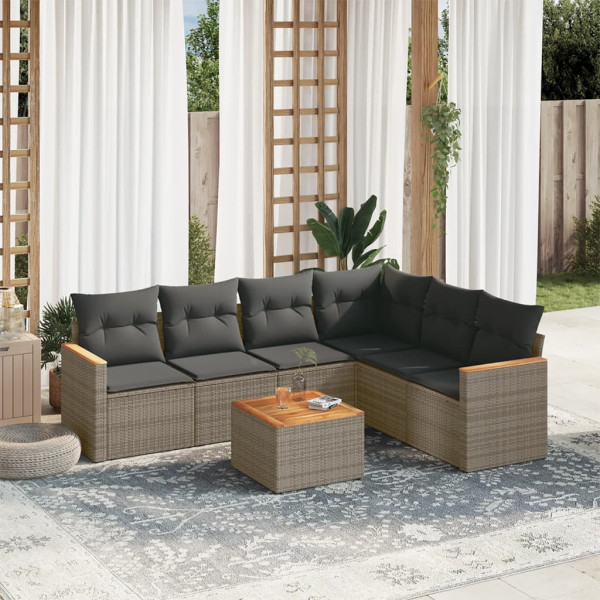 7 pcs conjunto sofás p/ jardim c/ almofadões vime PE cinzento D