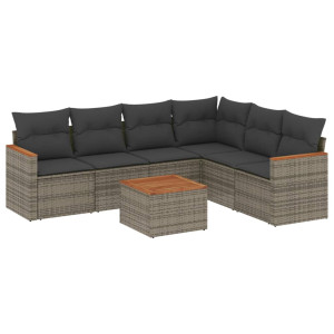 7 pcs conjunto sofás p/ jardim c/ almofadões vime PE cinzento H