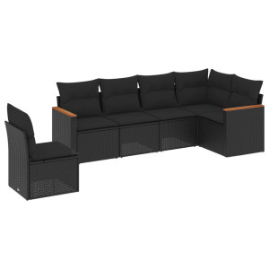 6 pcs conjunto sofás de jardim c/ almofadões vime PE preto H